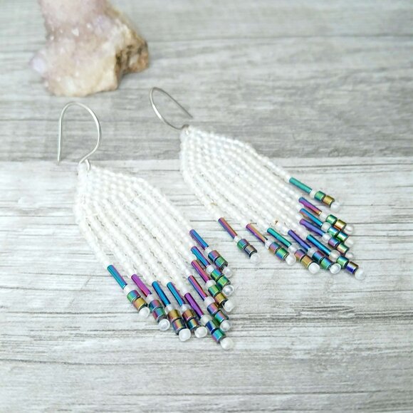 Hematite Beaded Fringe Cascade Dangle Earrings, Rainbow Earrings, 2.5" - Picture 2 of 7